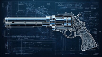 Photorealistic rendering of a guns recoil spring and guide rod, with intricate details and technical annotations in blueprint style
