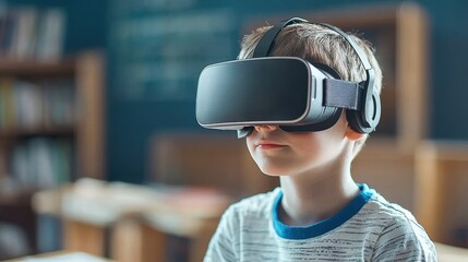 Young Boy Engaged in Virtual Reality Experience in Classroom Setting, Wearing VR Headset, Expressing Curiosity and Excitement While Exploring Digital Worlds
