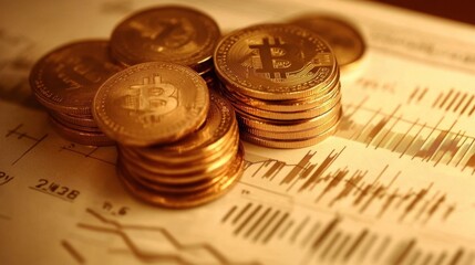 Bitcoin Coins on Financial Chart Background