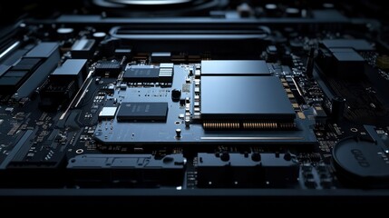 Photorealistic rendering of a laptops hard drive (HDD/SSD), highlighting the disk platters, controller chip, and interface connectors