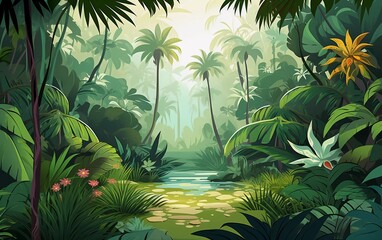 Naklejka premium Lush tropical jungle scene with vibrant plants and a serene waterway illuminated by sunlight.