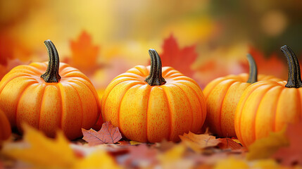 Close-up of pumpkins and autumn leaves, showcasing the beauty of the fall season in the background