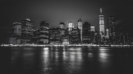 New York City skyline at night with illuminated skyscrapers