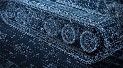 Tank track and wheel system in photorealistic blueprint style, showcasing components like sprockets, rollers, and pads in precise detail