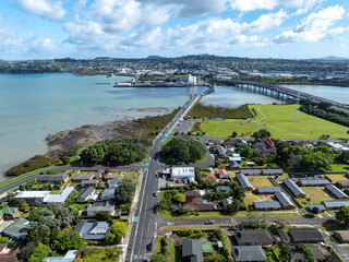 Aerial: Mangere Bridge suburb and foreshore, Auckland, New Zealand