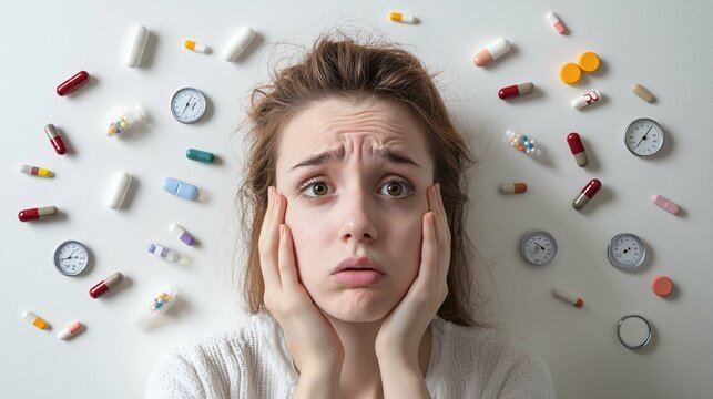 A concerned individual surrounded by medical symbols like pills, thermometers, and charts, representing hypochondria against a white background.