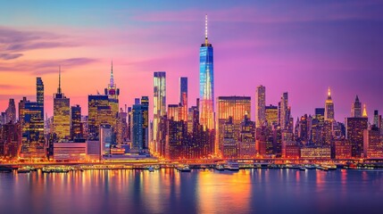 Obraz premium New York City skyline at night with illuminated skyscrapers