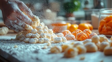 A hand dusts freshly made gnocchi with flour, a pile of orange and white gnocchi sits on a wooden board.