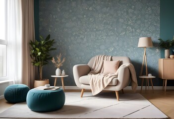 Scandinavian living room interior design zoom background,Doodle patterned wallpaper graphics