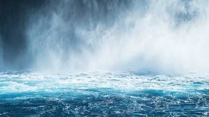 Fototapeta premium Dynamic Ocean Waves Splashing Against Rocky Shoreline with Mist and Foam, Capturing the Power and Beauty of Nature in a Stunning Coastal Scene