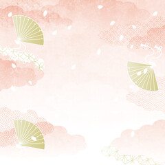 ピンクの雲と金の扇、舞い散る桜吹雪の和風背景ベクターイラスト　正方形