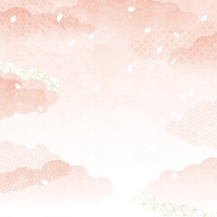 ピンクの雲と舞い散る桜吹雪の和風背景ベクターイラスト　正方形