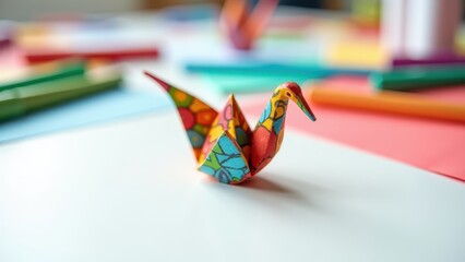 Colorful crane for creativity in education. Colorful origami crane with polka dots on a desk surrounded by colorful paper and markers, capturing a creative and playful scene.