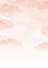 ピンクの雲と舞い散る桜吹雪の和風背景ベクターイラスト　A4縦