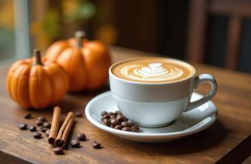Obraz premium Pumpkin spice latte with cinnamon and coffee beans on wooden table