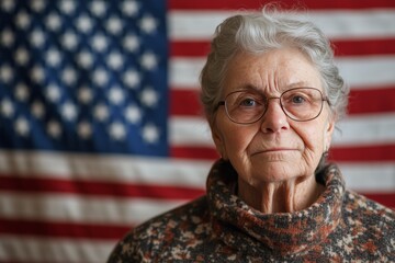 Portrait of a senior american female voter standing proudly before the american flag