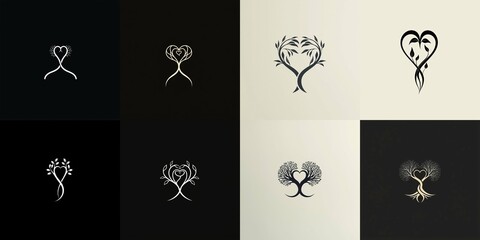 A minimalist logo showcasing a tree silhouette intertwined with a heart, symbolizing growth and harmony.