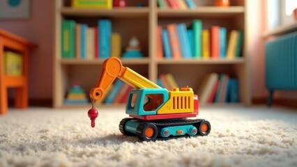 Fototapeta premium Colorful crane for creativity in education. Colorful toy crane sits on a vibrant carpet, bookshelf in the background, ideal for a playful and creative children's room.