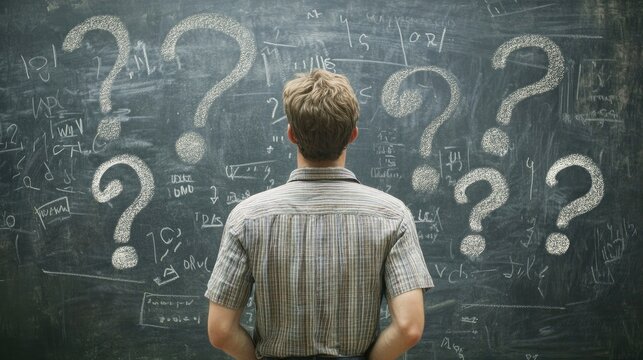 A man stands in front of a chalkboard covered in question marks, pondering a problem or a series of questions. - Powered by Adobe