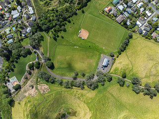 Top down view of Mangere Mountain and sports fields, Auckland, New Zealand