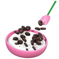 3D rendering of chocolate cereal bowl with milk