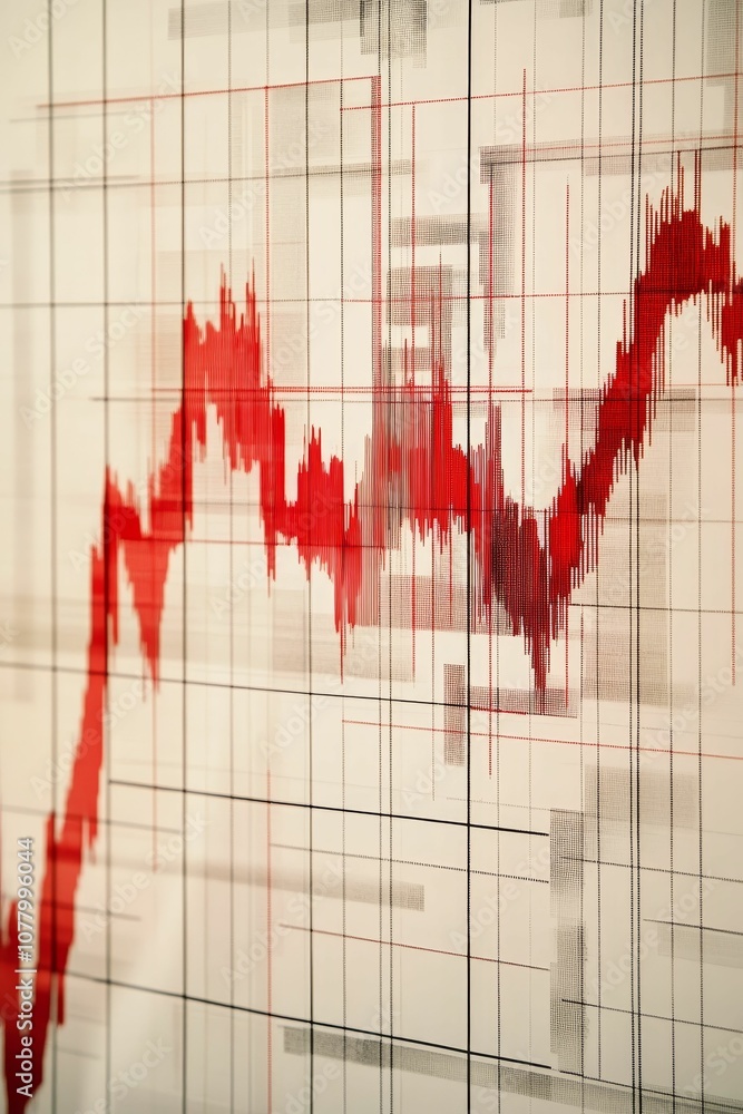 Poster red line graph on white grid background.