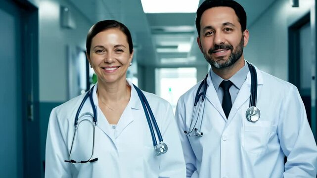 Two smiling doctors in a hospital corridor. Male and female doctor looking at camera and smiling. Join our smiling doctors in the hospital corridor, dedicated to making a difference in patient care!
