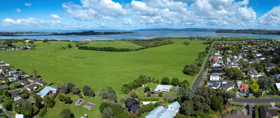 Aerial view of Ambury Farm in the suburb of Mangere Bridge, Auckland, New Zealand