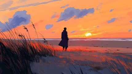 Obraz premium Serene Walk at Sunset by the Beach