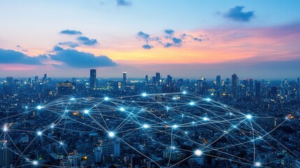 Cityscape with glowing network lines at twilight.
