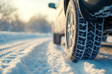 Close up of winter car tires on snow covered road  a seasonal photography perspective