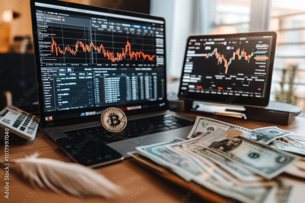 Poster dynamic trading setup multiple screens showcasing bitcoin, ethereum, and currency symbols