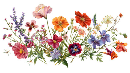 Vibrant illustration featuring a stunning array of colorful flowers in elaborate designs, set against a white background.
