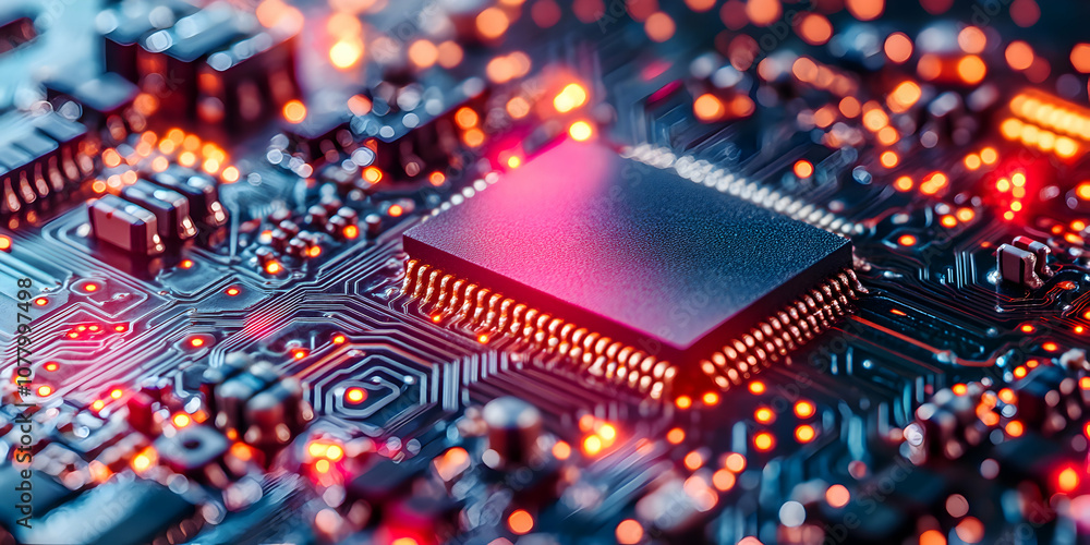 Poster close-up of a circuit board with a microchip illuminated by red and orange lights