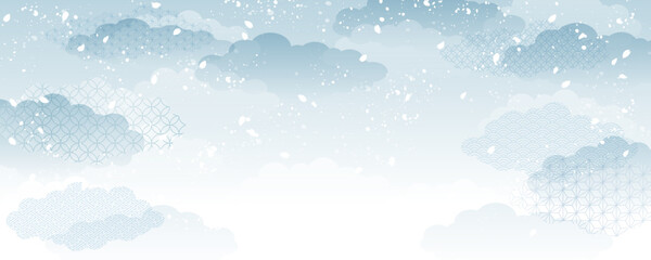 グレイッシュな青の雲と舞い散る桜吹雪の和風背景ベクターイラスト　横長