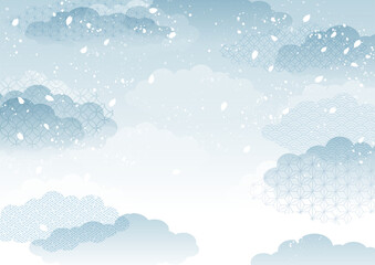 グレイッシュな青の雲と舞い散る桜吹雪の和風背景ベクターイラスト　A4サイズ横