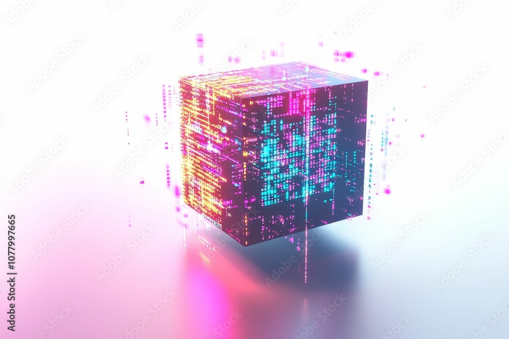 Poster neon cube with digital patterns and light trails.