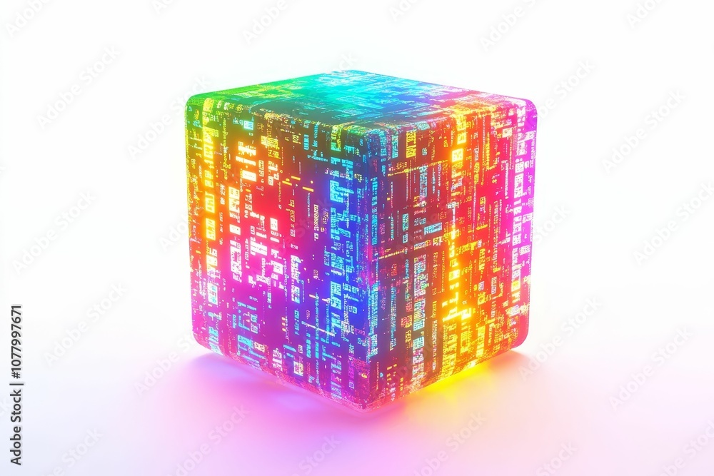 Poster a glowing cube covered in rainbow code.