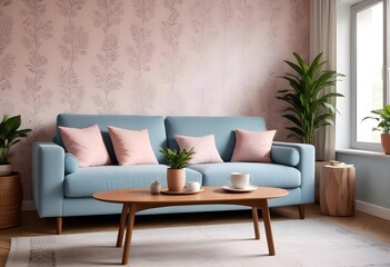 Scandinavian living room interior design zoom background,Doodle patterned wallpaper graphics