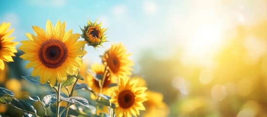 Fototapeta premium Sunflowers blooming in a field, with a bright blue sky and sunshine in the background.