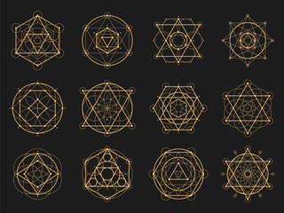 Sacred esoteric geometry. Vector Metatron cube, flower of life, sri yantra, merkaba and tree of life. Hexagram, vesica pisci, seed of life or pentagram. Heptagram, octagram spiritual symmetrical signs