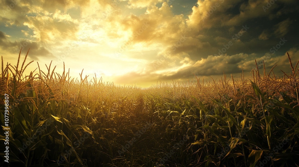 Poster a field of corn is shown with a bright sun in the background