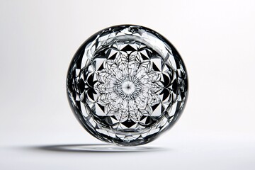 A crystal-clear glass sphere features an intricate geometric pattern reflected on a white background.