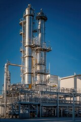 A modern industrial facility showcasing tall metal structures and advanced machinery against a clear blue sky.