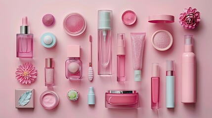 Naklejka premium A beautifully arranged collection of pink beauty products on a pastel pink background showcasing elegance and style