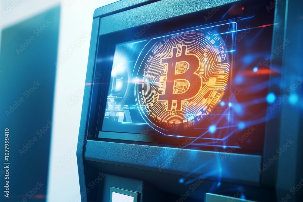 Poster bitcoin displayed on a digital atm screen.
