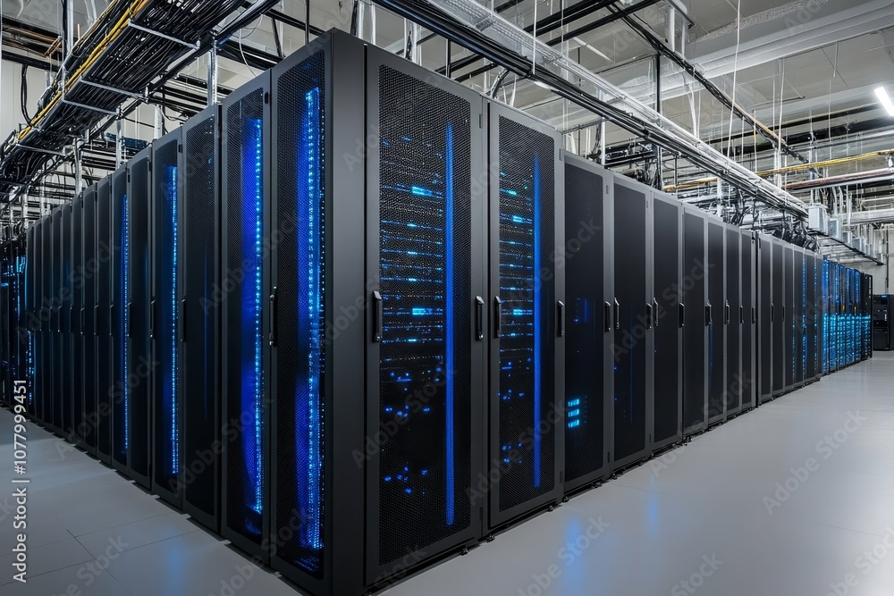 Poster expansive server room featuring arrays of black and blue machines powering cloud computing services