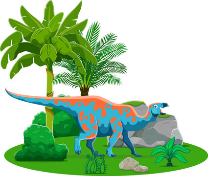 blue dinosaur walking near palm trees clip art preview