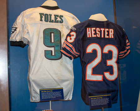 Canton, Oh USA on April 17, 2019. Pro football memorabilia on display at the Pro Football Hall of Fame. Foles number nine and Hester number 23 jerseys.