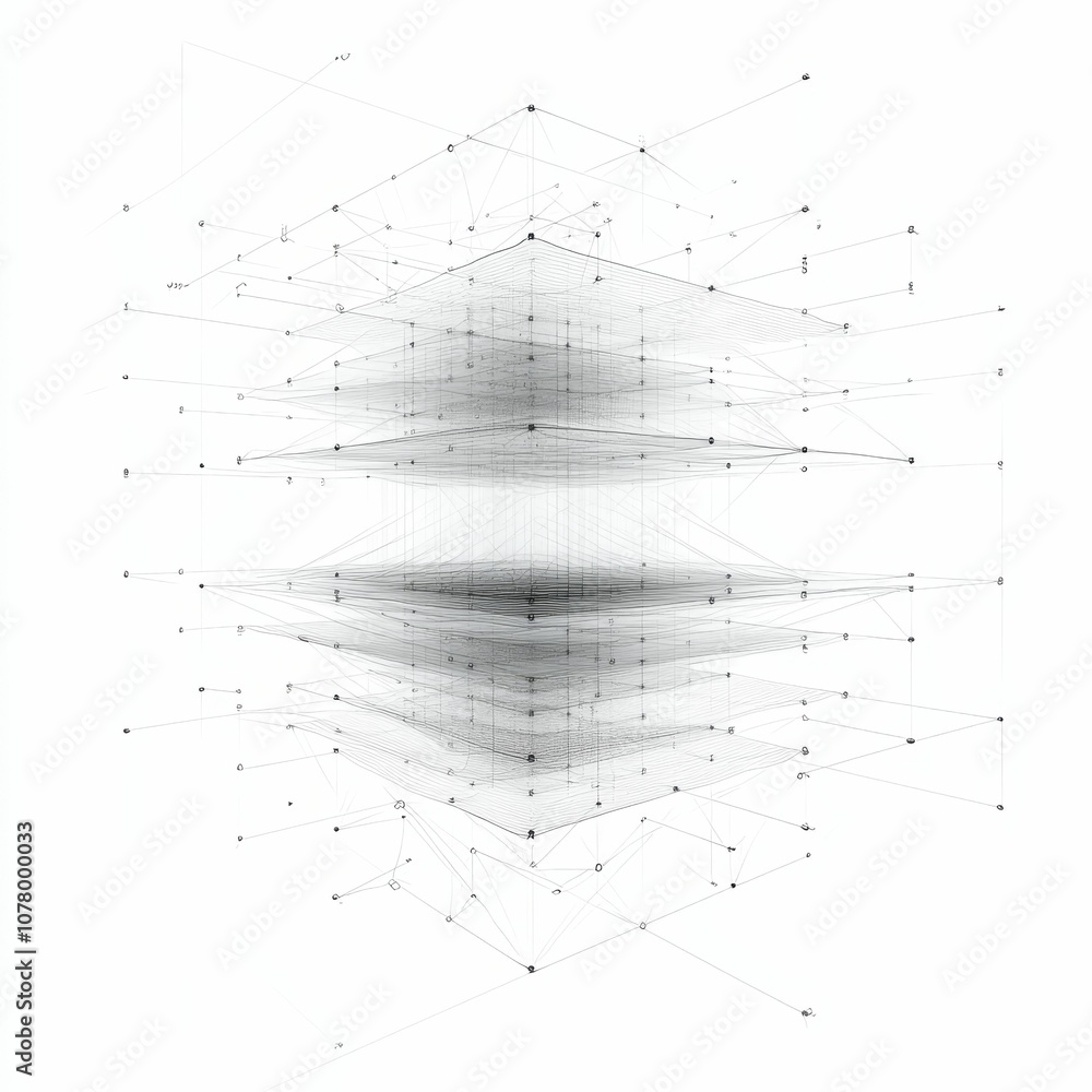 Poster black dots connected by lines forming a 3d structure.